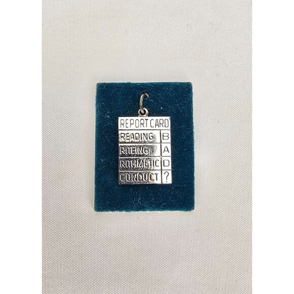 Vintage 60s 70s Sterling Silver Charm Pendant Funny Report Card School - Picture 1 of 3